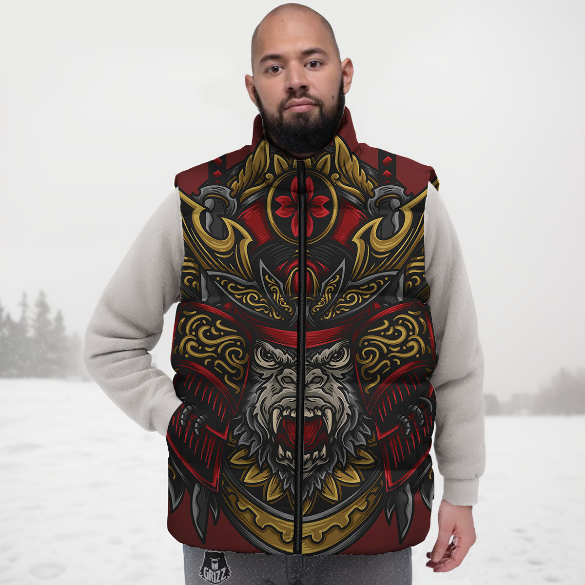 Red Gorilla Samurai Print Down Vest