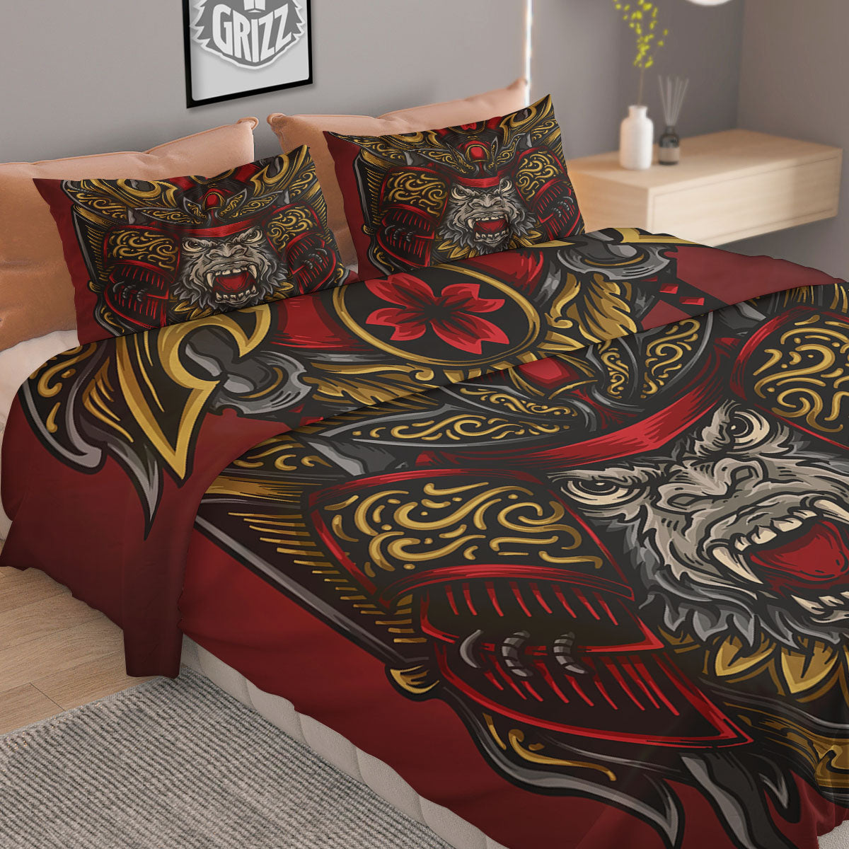 Red Gorilla Samurai Print Duvet Cover Bedding Set