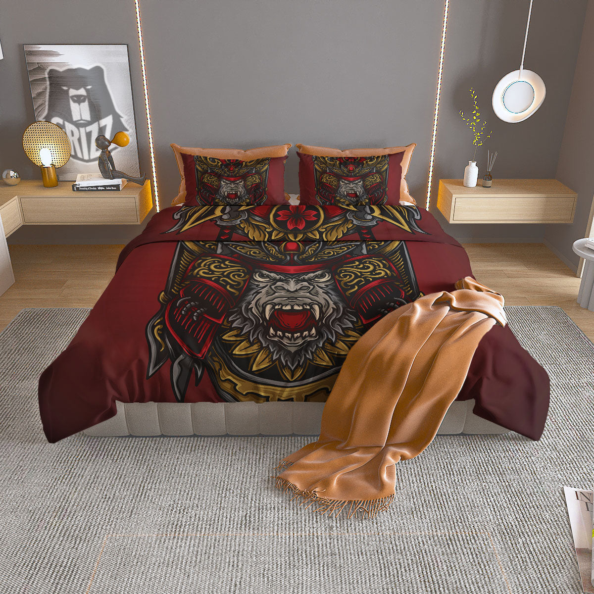 Red Gorilla Samurai Print Duvet Cover Bedding Set