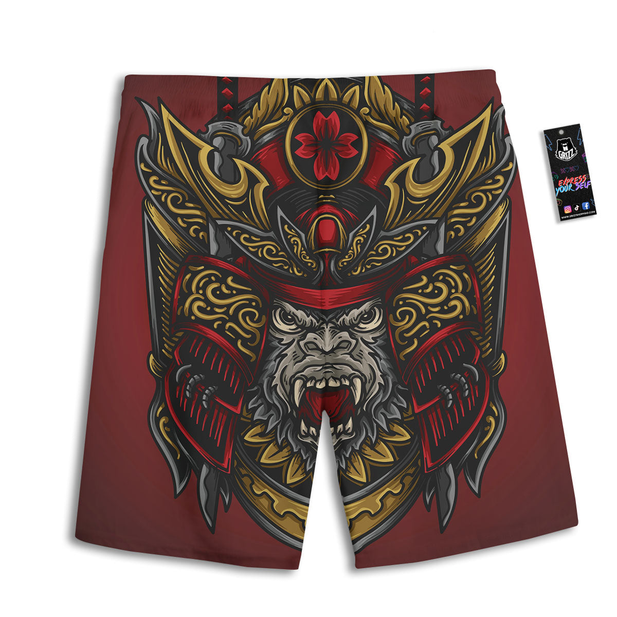 Red Gorilla Samurai Print Men's Athletic Shorts