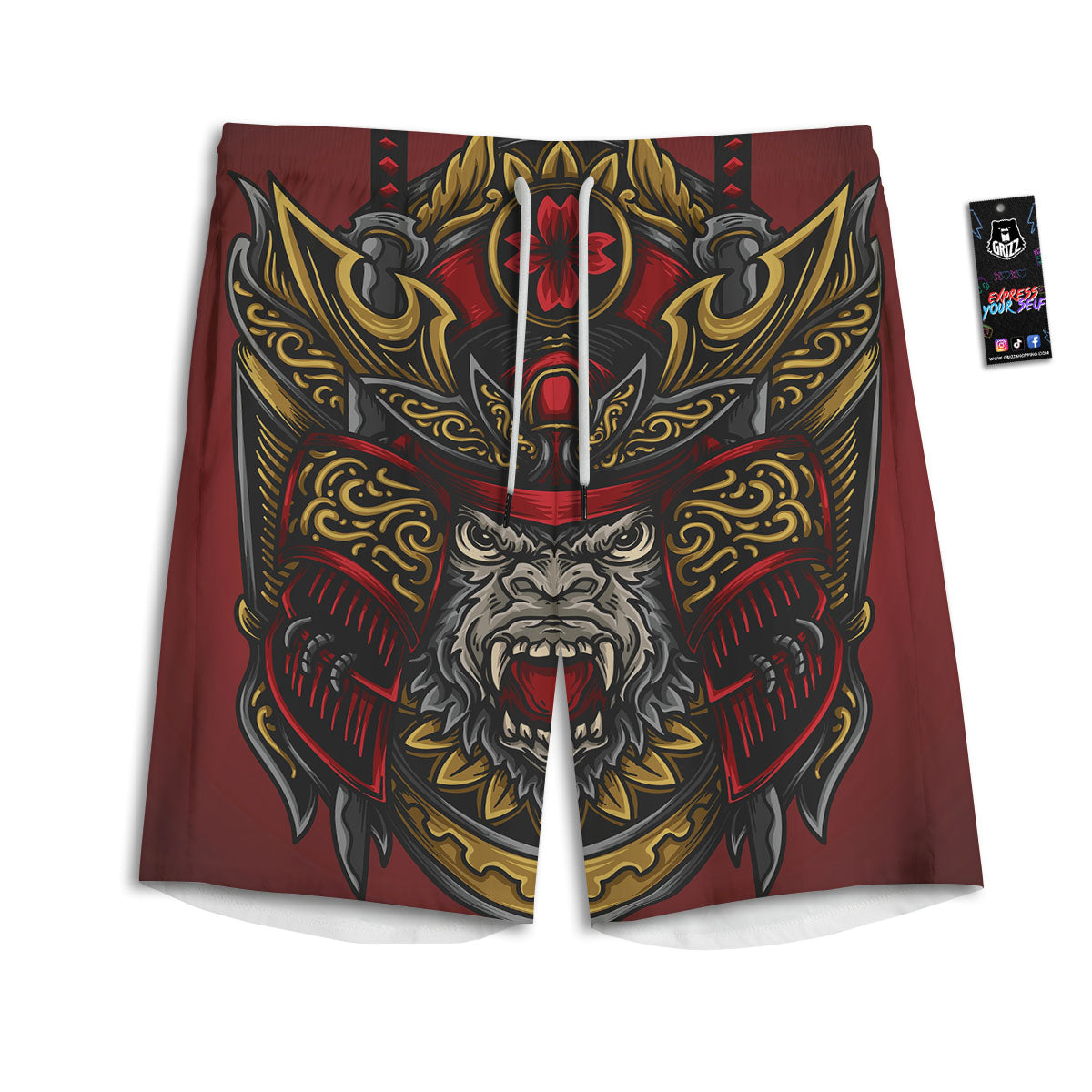 Red Gorilla Samurai Print Men's Athletic Shorts