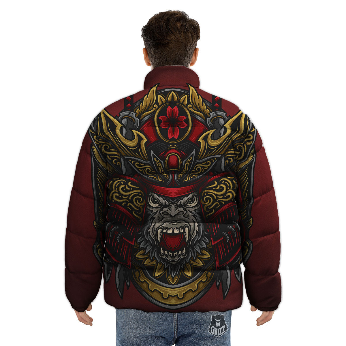 Red Gorilla Samurai Print Puffer Jacket-grizzshop