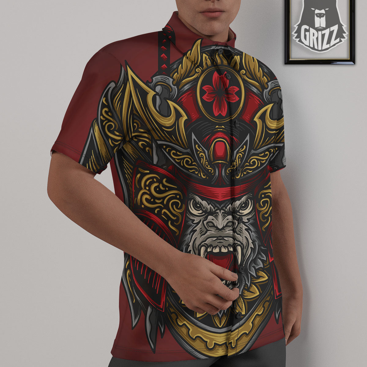 Red Gorilla Samurai Print Untucked Shirts-grizzshop
