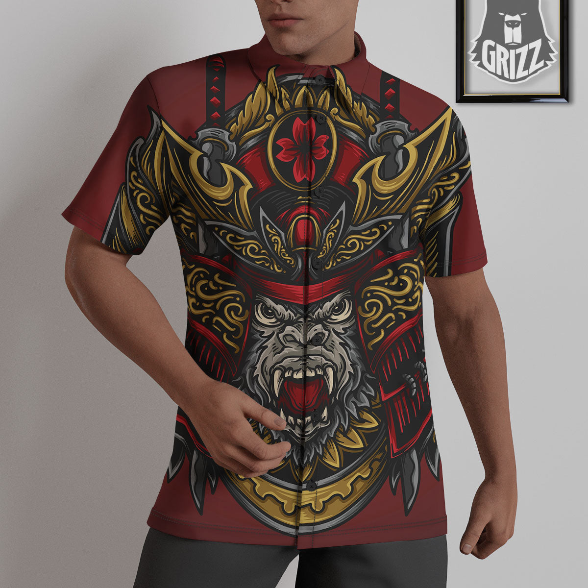 Red Gorilla Samurai Print Untucked Shirts-grizzshop