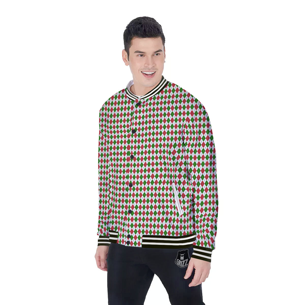 Red Green And White Argyle Print Pattern Baseball Jacket-grizzshop