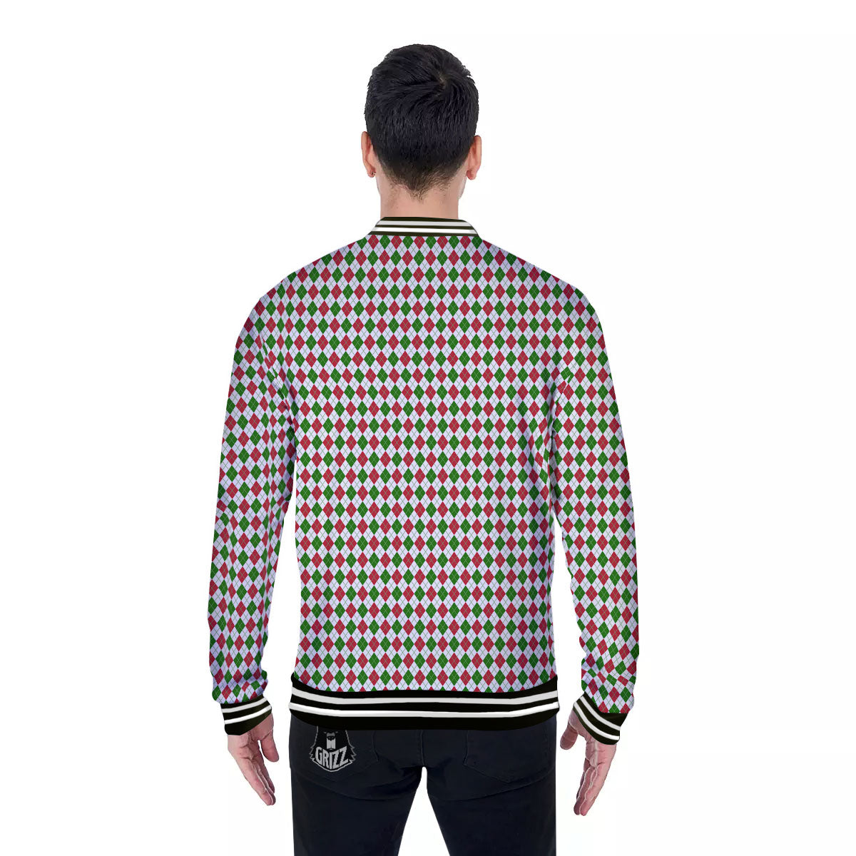 Red Green And White Argyle Print Pattern Baseball Jacket-grizzshop