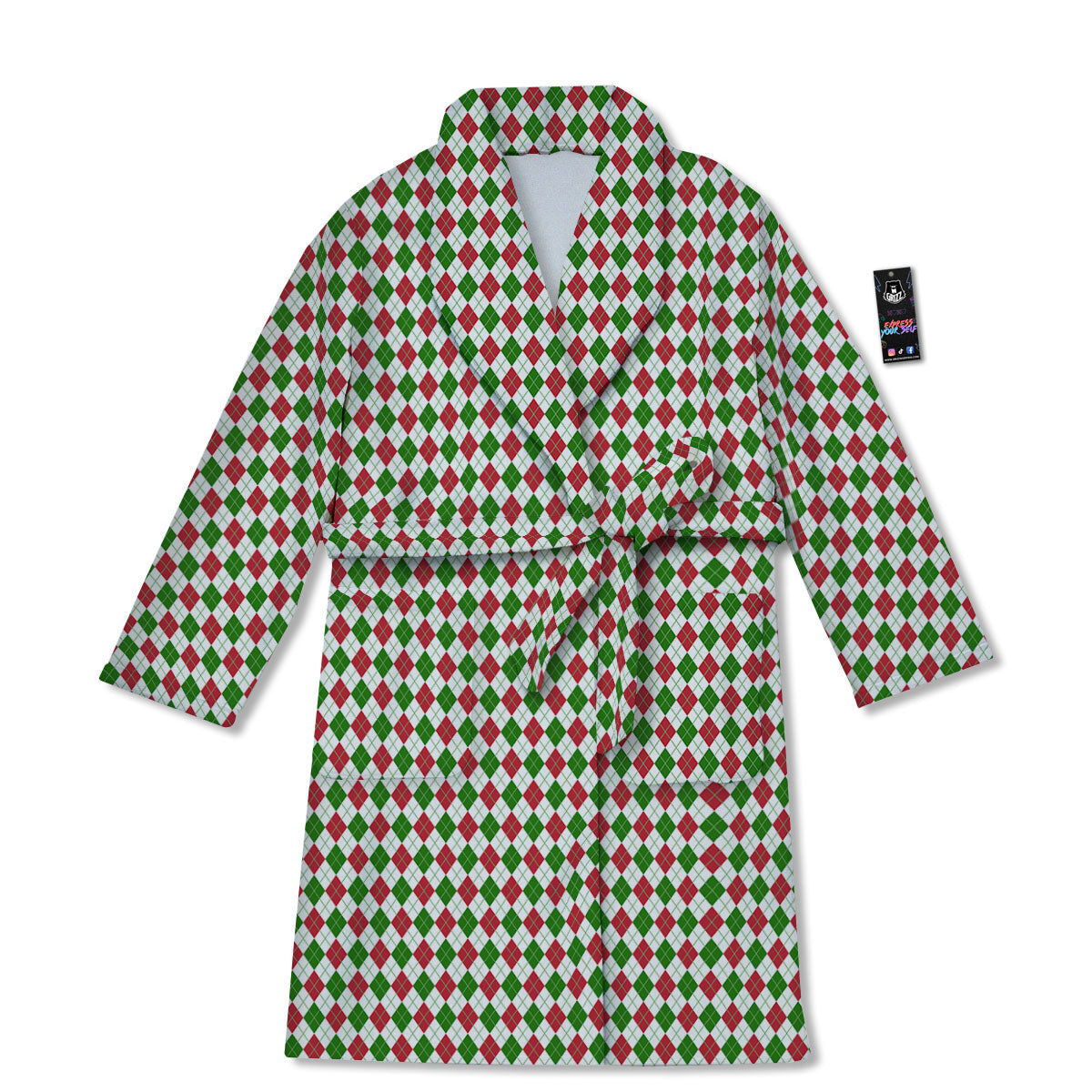 Red Green And White Argyle Print Pattern Bathrobe-grizzshop