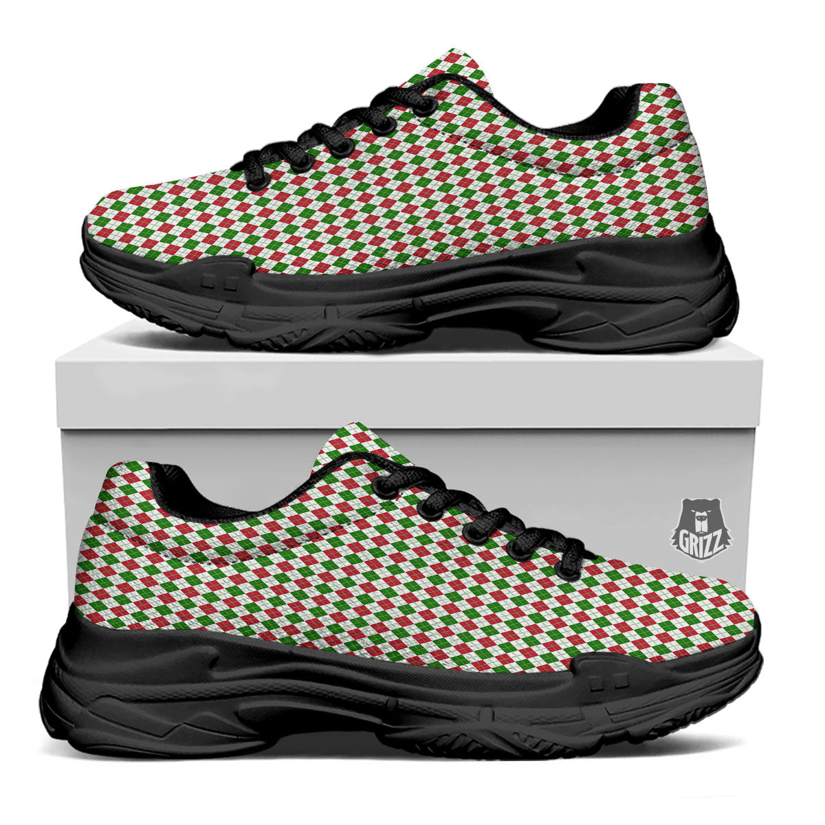 Red Green And White Argyle Print Pattern Black Chunky Shoes-grizzshop