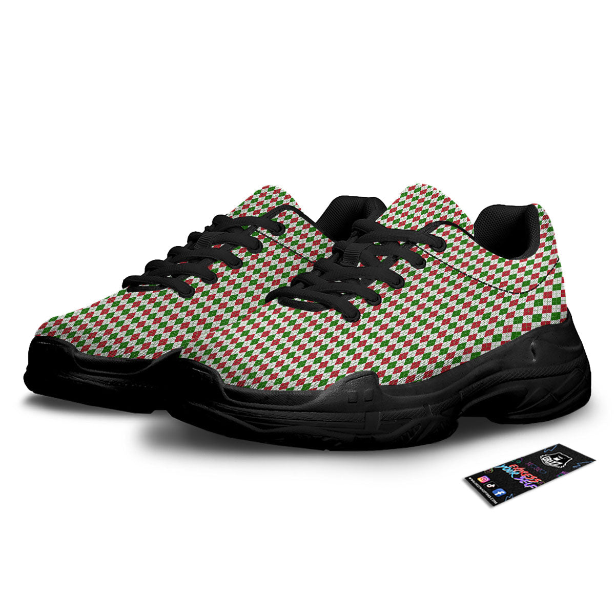 Red Green And White Argyle Print Pattern Black Chunky Shoes-grizzshop