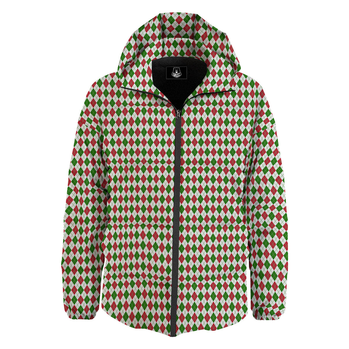 Red Green And White Argyle Print Pattern Down Jacket-grizzshop