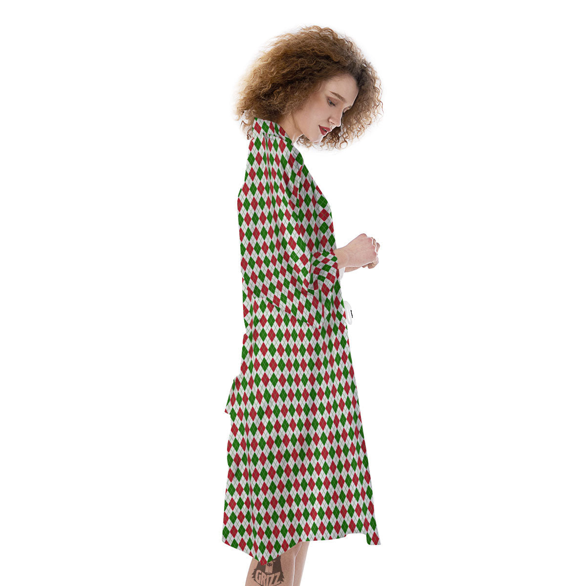 Red Green And White Argyle Print Pattern Kimono-grizzshop