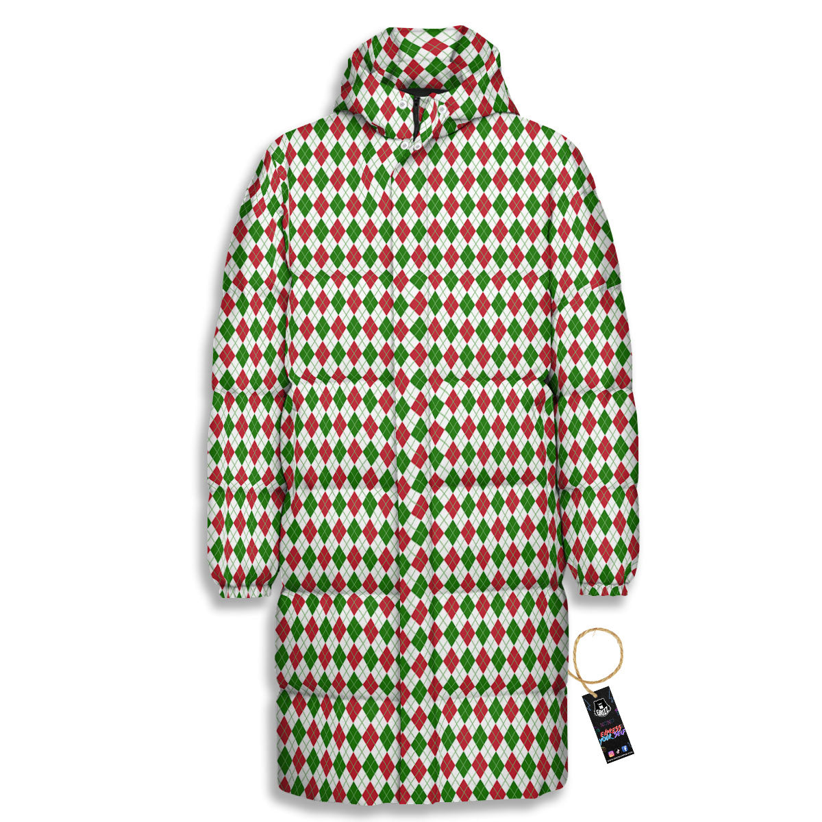 Red Green And White Argyle Print Pattern Long Down Jacket-grizzshop