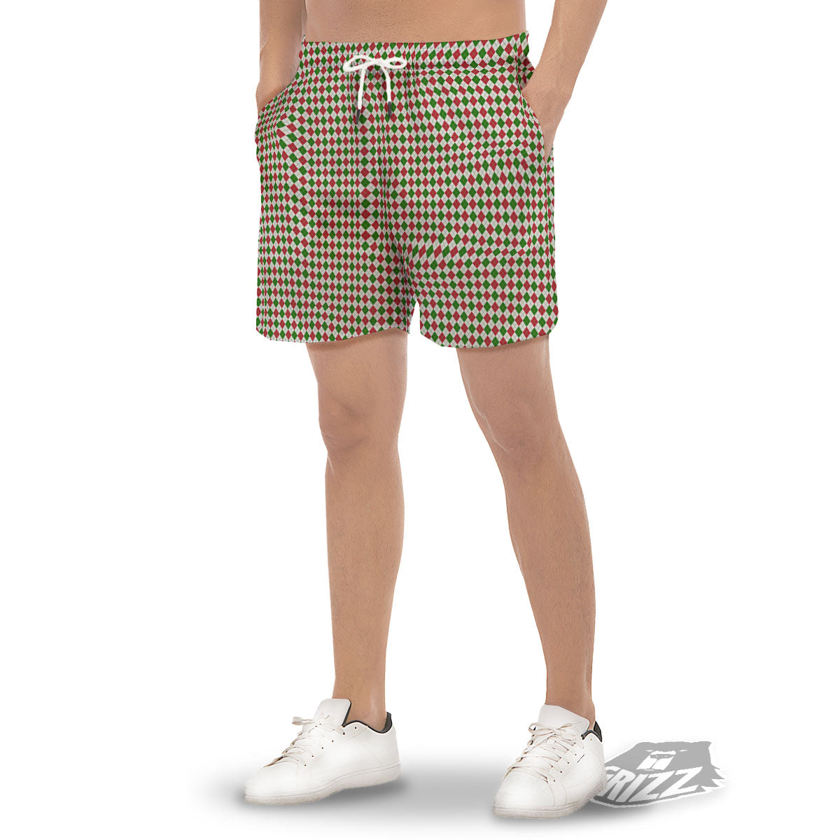 Red Green And White Argyle Print Pattern Men's Gym Shorts-grizzshop