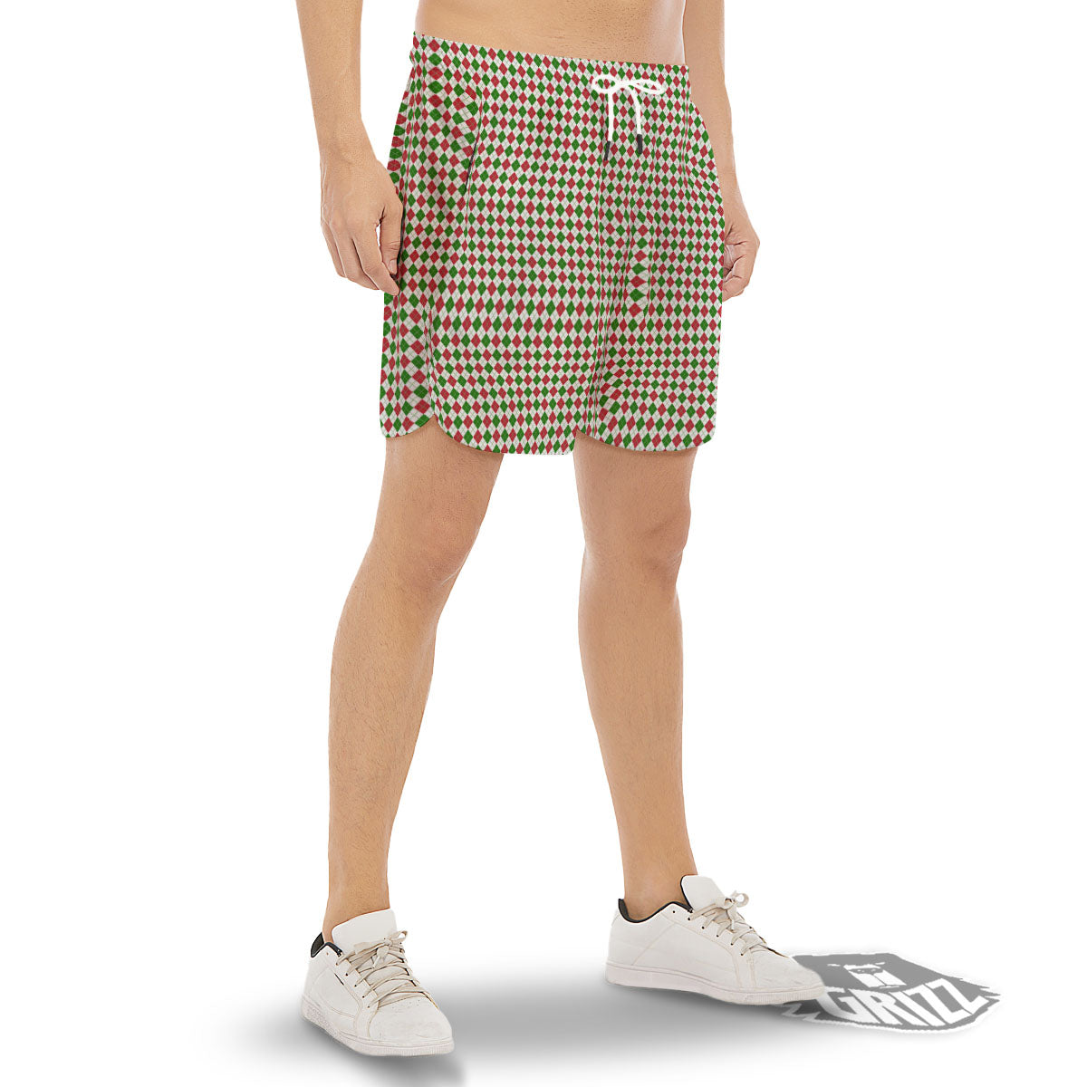 Red Green And White Argyle Print Pattern Men's Gym Shorts-grizzshop