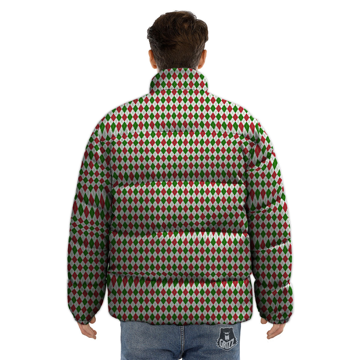 Red Green And White Argyle Print Pattern Puffer Jacket-grizzshop