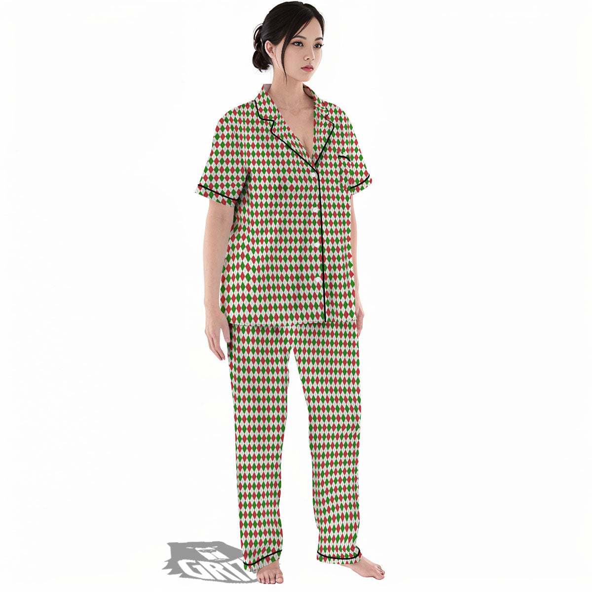 Red Green And White Argyle Print Pattern Women's Pajamas Set-grizzshop