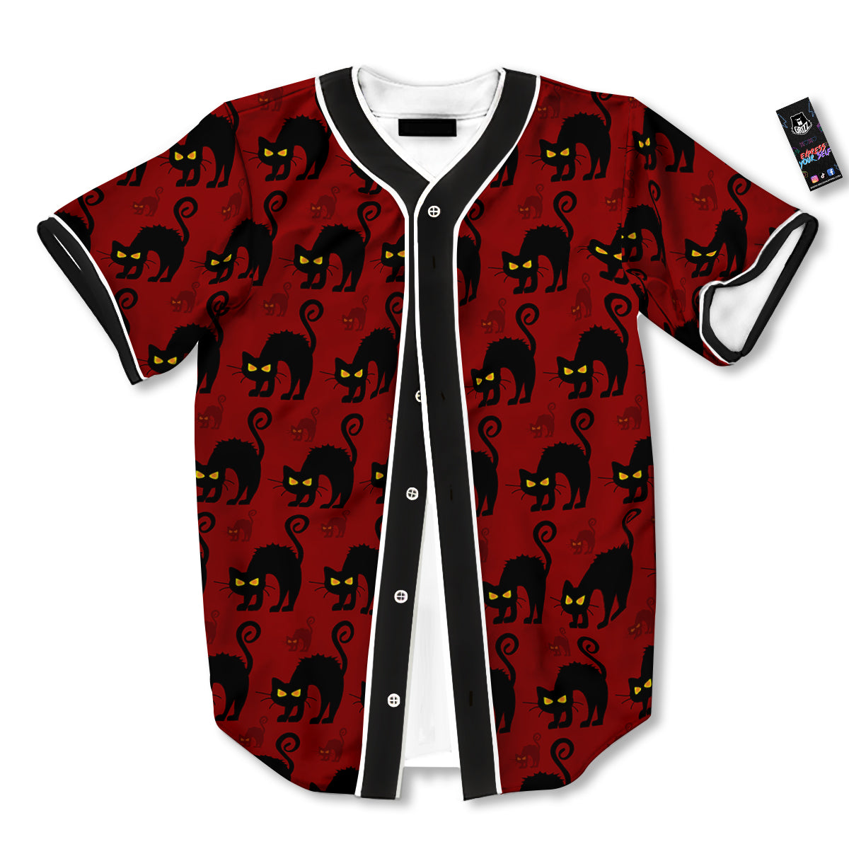 Red Halloween Cat Print Pattern Baseball Jersey-grizzshop
