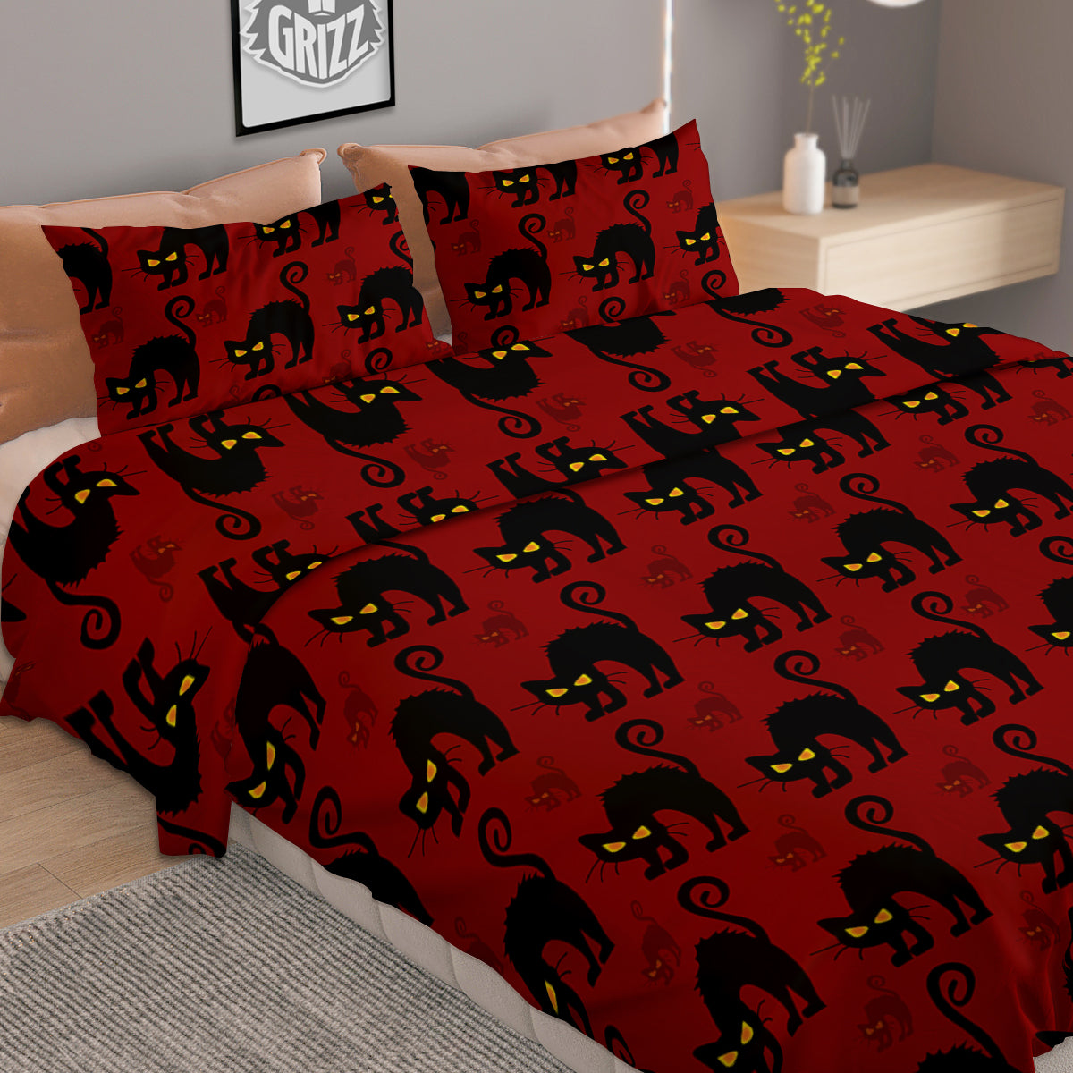 Red Halloween Cat Print Pattern Duvet Cover Bedding Set