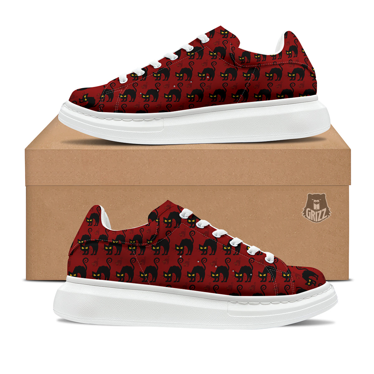 Red Halloween Cat Print Pattern Platform Shoes-grizzshop