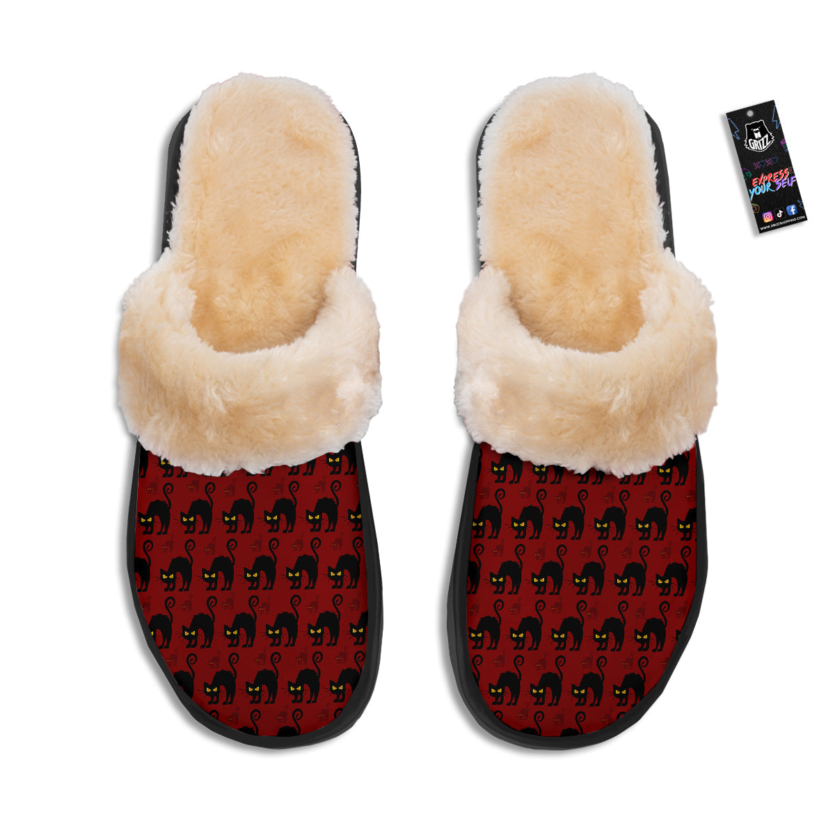 Red Halloween Cat Print Pattern Slippers-grizzshop