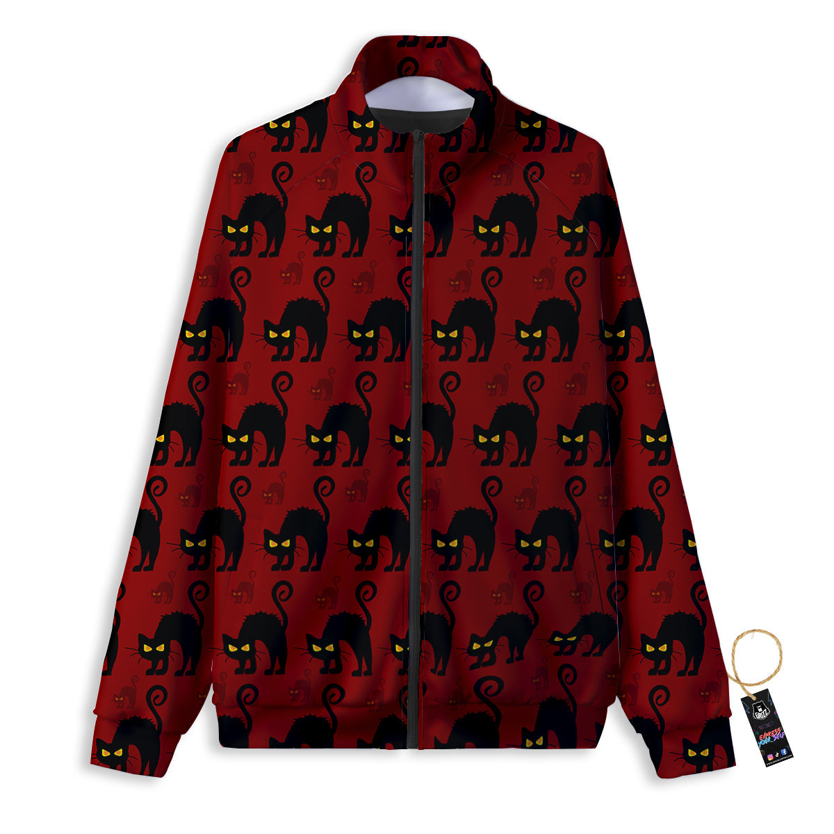 Red Halloween Cat Print Pattern Track Jacket-grizzshop