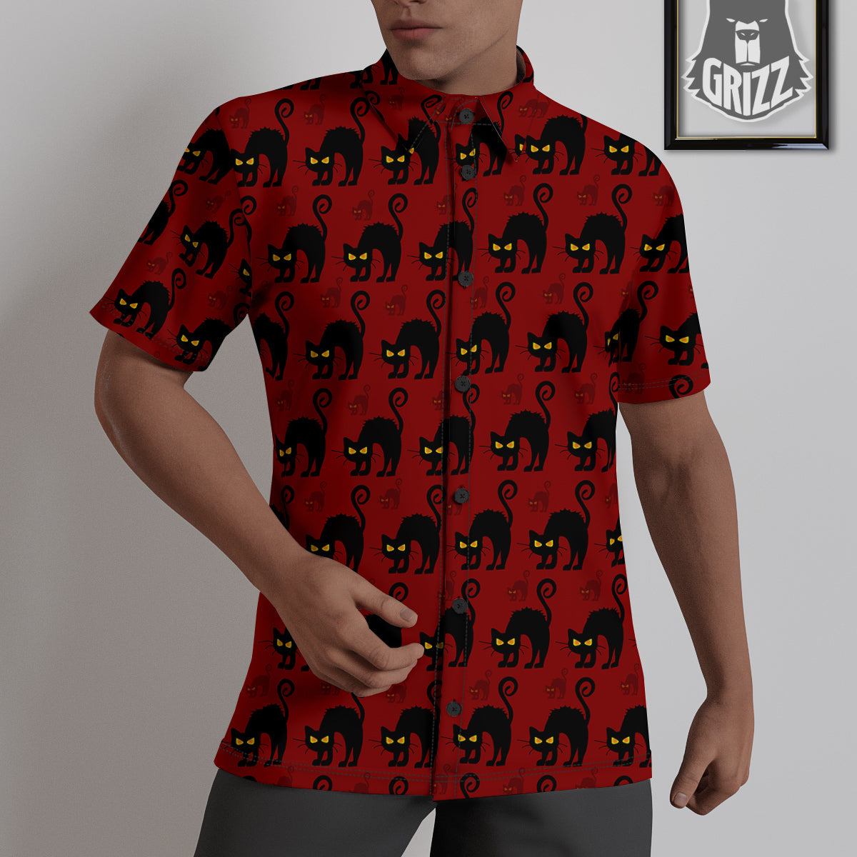 Red Halloween Cat Print Pattern Untucked Shirts-grizzshop