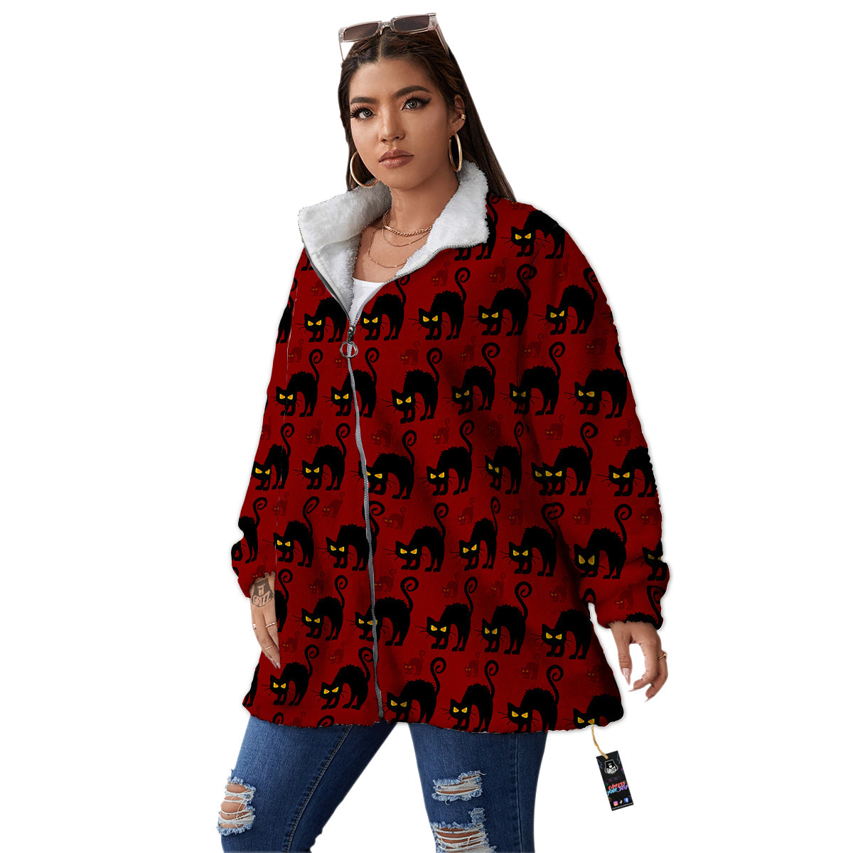 Red Halloween Cat Print Pattern Women's Sherpa Jacket-grizzshop