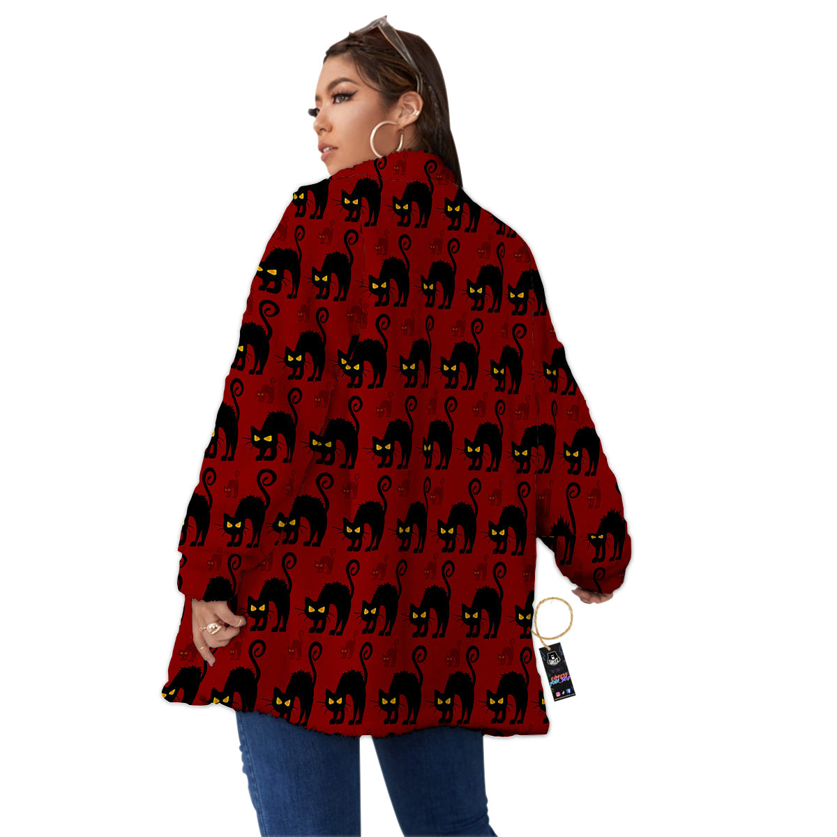 Red Halloween Cat Print Pattern Women's Sherpa Jacket-grizzshop