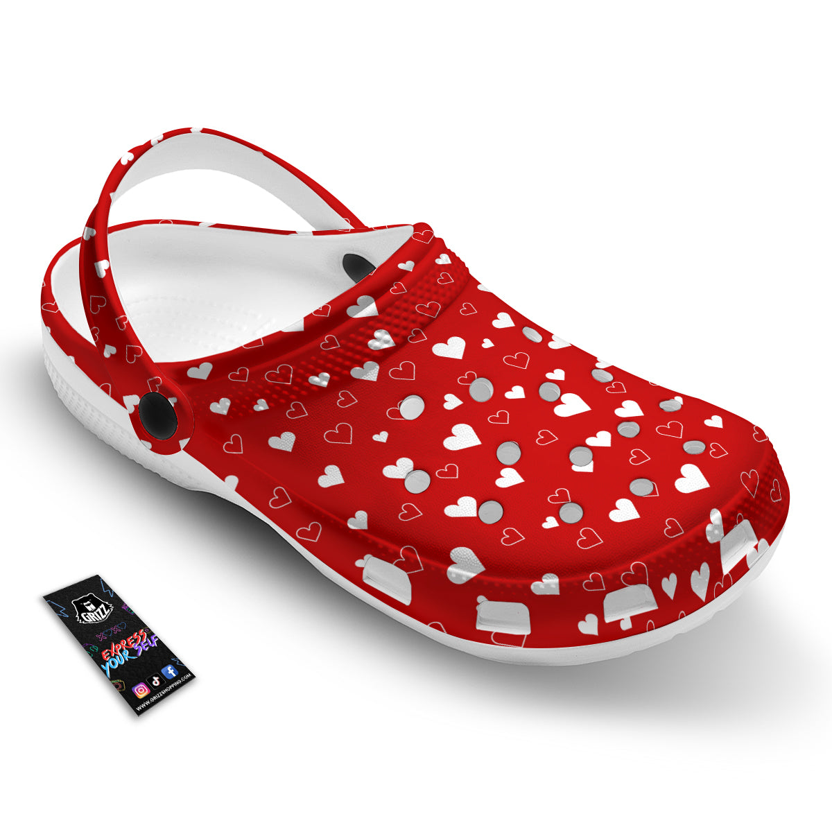 Red Heart And White Print Pattern Clog-grizzshop