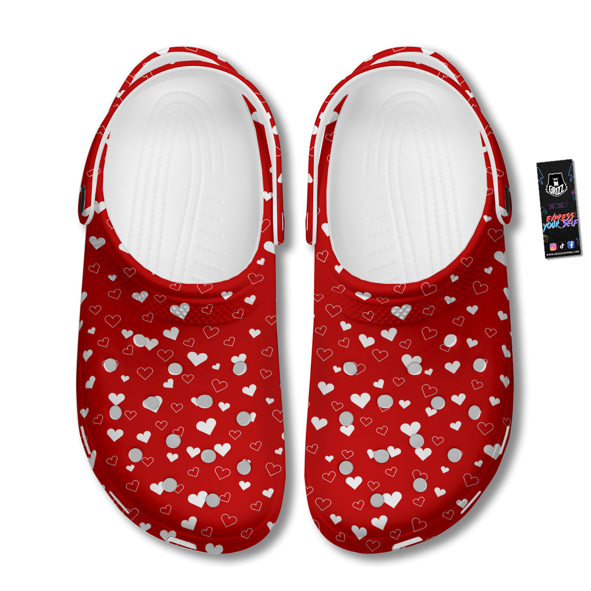 Red Heart And White Print Pattern Clog-grizzshop