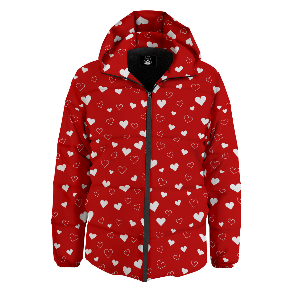 Red Heart And White Print Pattern Down Jacket-grizzshop