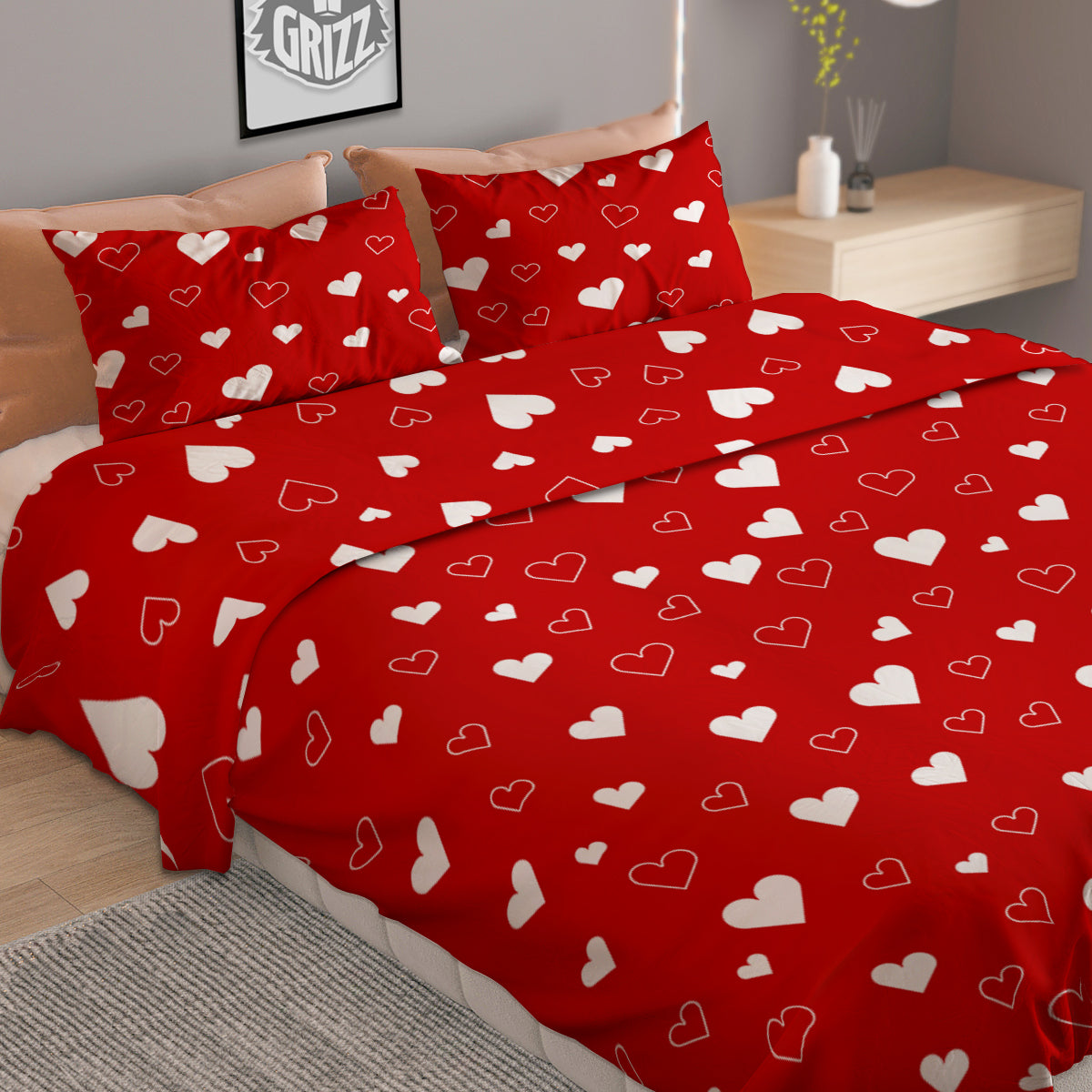 Red Heart And White Print Pattern Duvet Cover Bedding Set