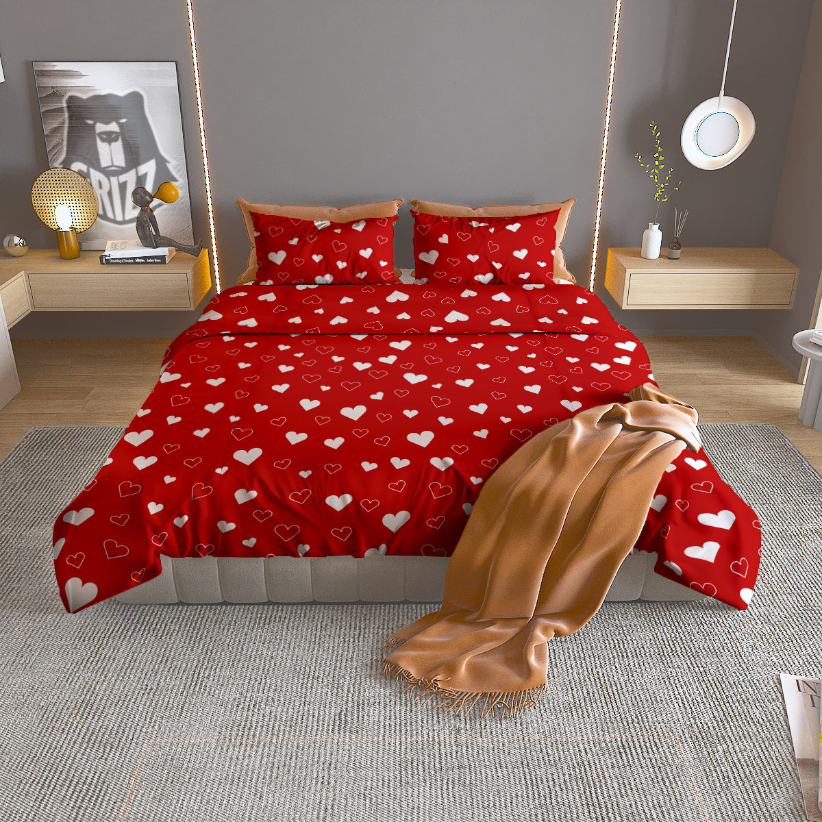Red Heart And White Print Pattern Duvet Cover Bedding Set