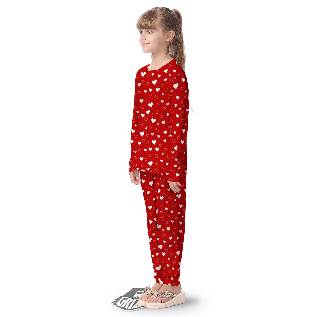 Red Heart And White Print Pattern Kid's Pajamas-grizzshop