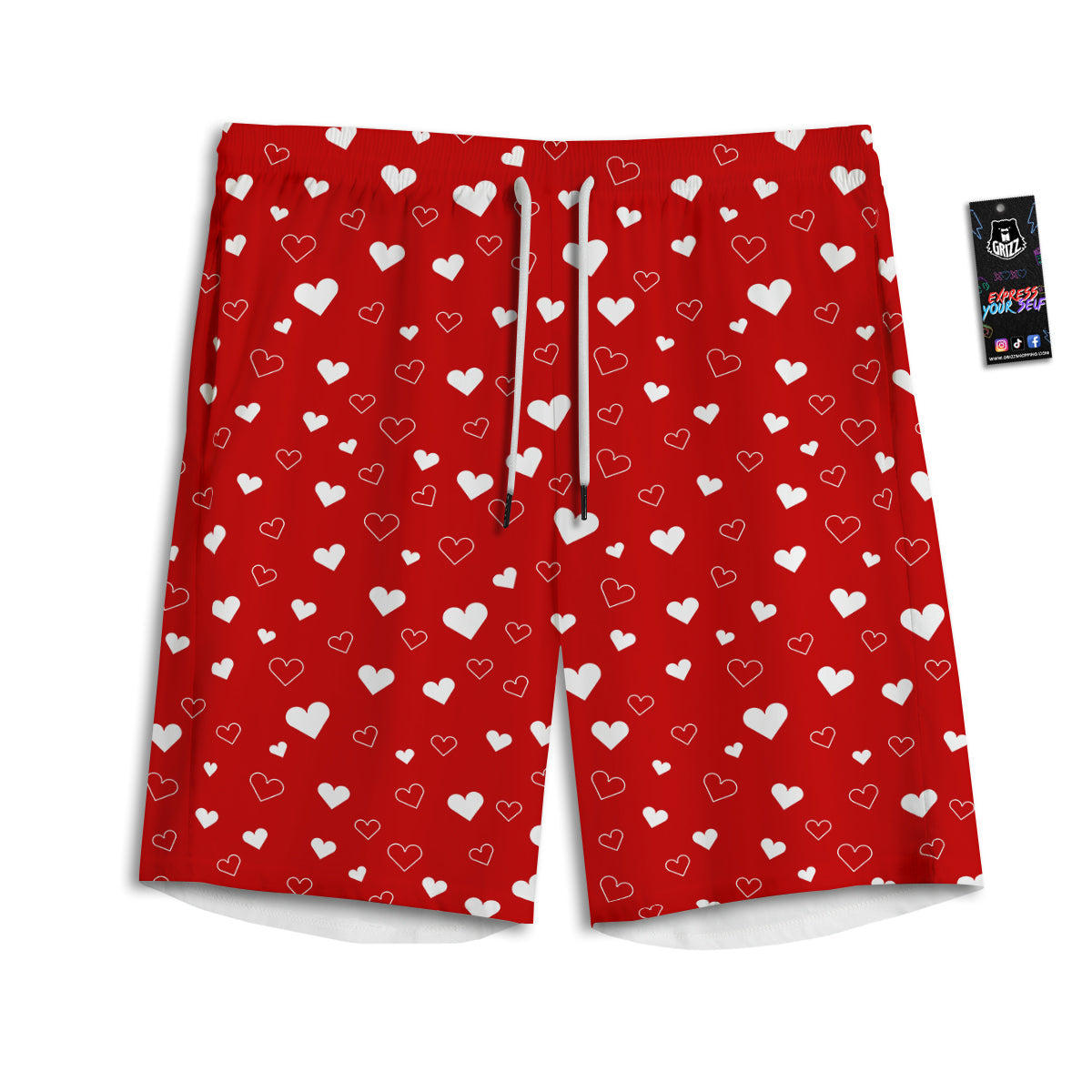 Red Heart And White Print Pattern Men's Athletic Shorts