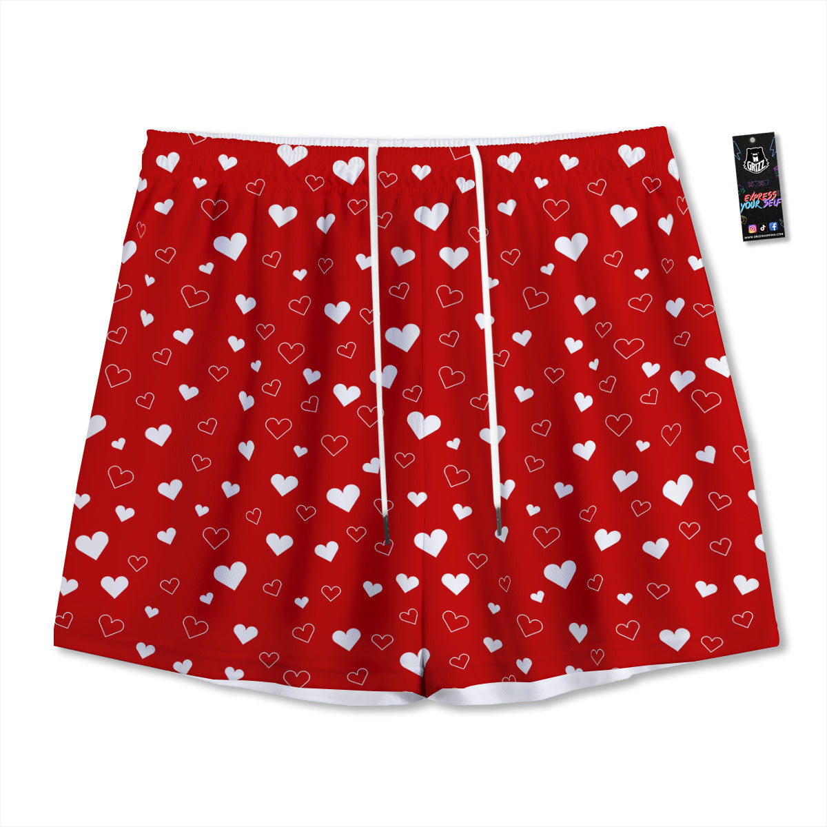 Red Heart And White Print Pattern Mesh Shorts