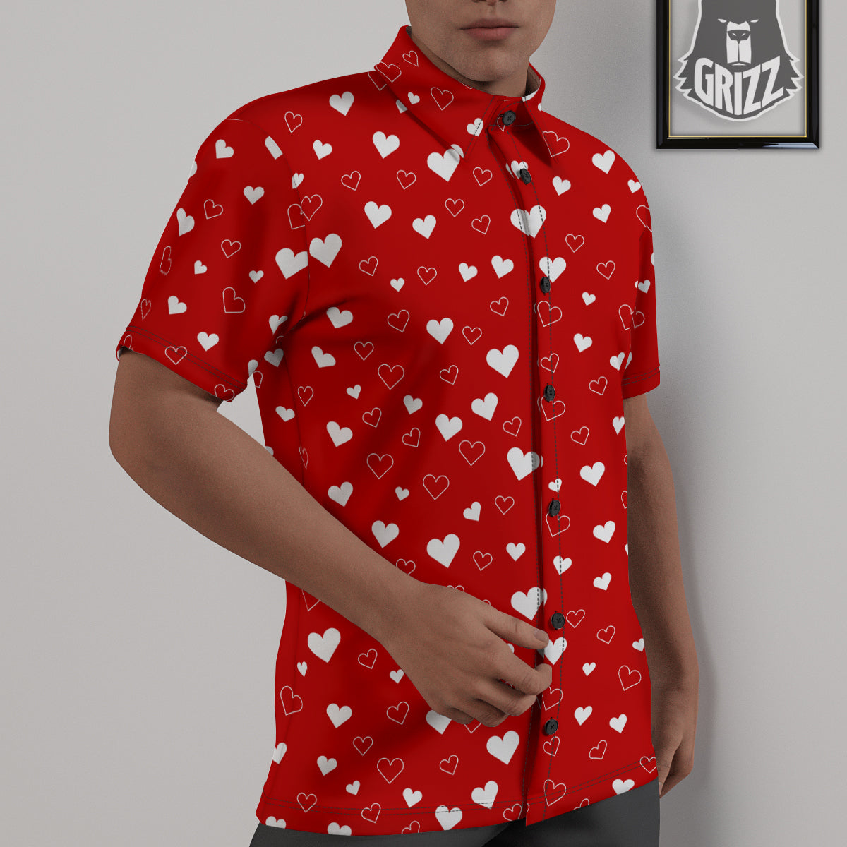 Red Heart And White Print Pattern Untucked Shirts-grizzshop
