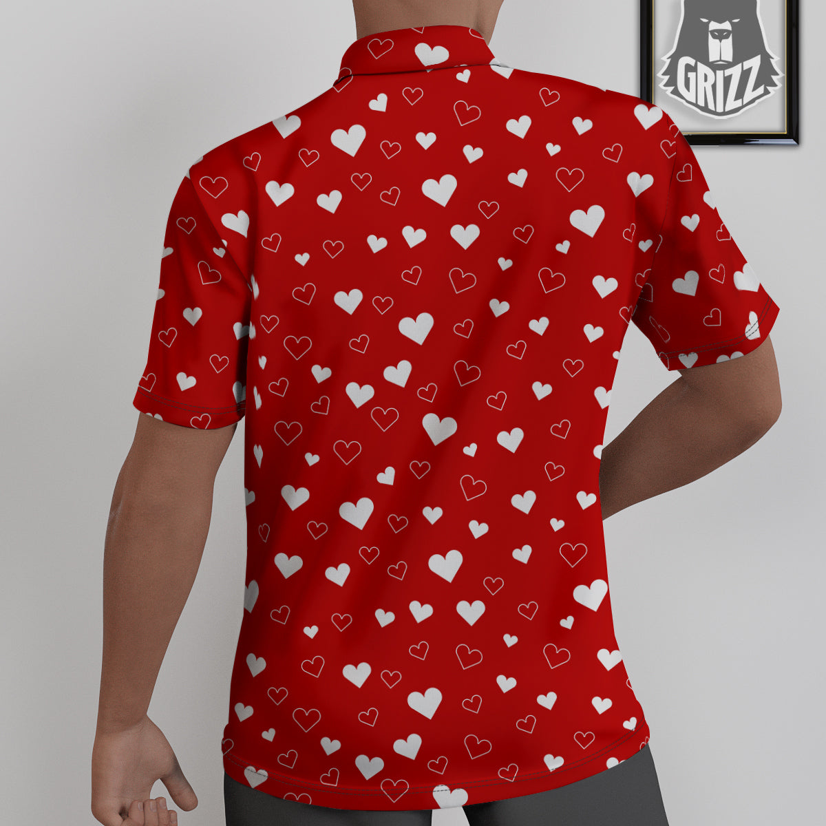 Red Heart And White Print Pattern Untucked Shirts-grizzshop