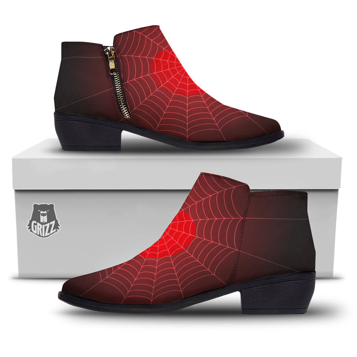 Red Heart Spider Web Print Ankle Boots-grizzshop