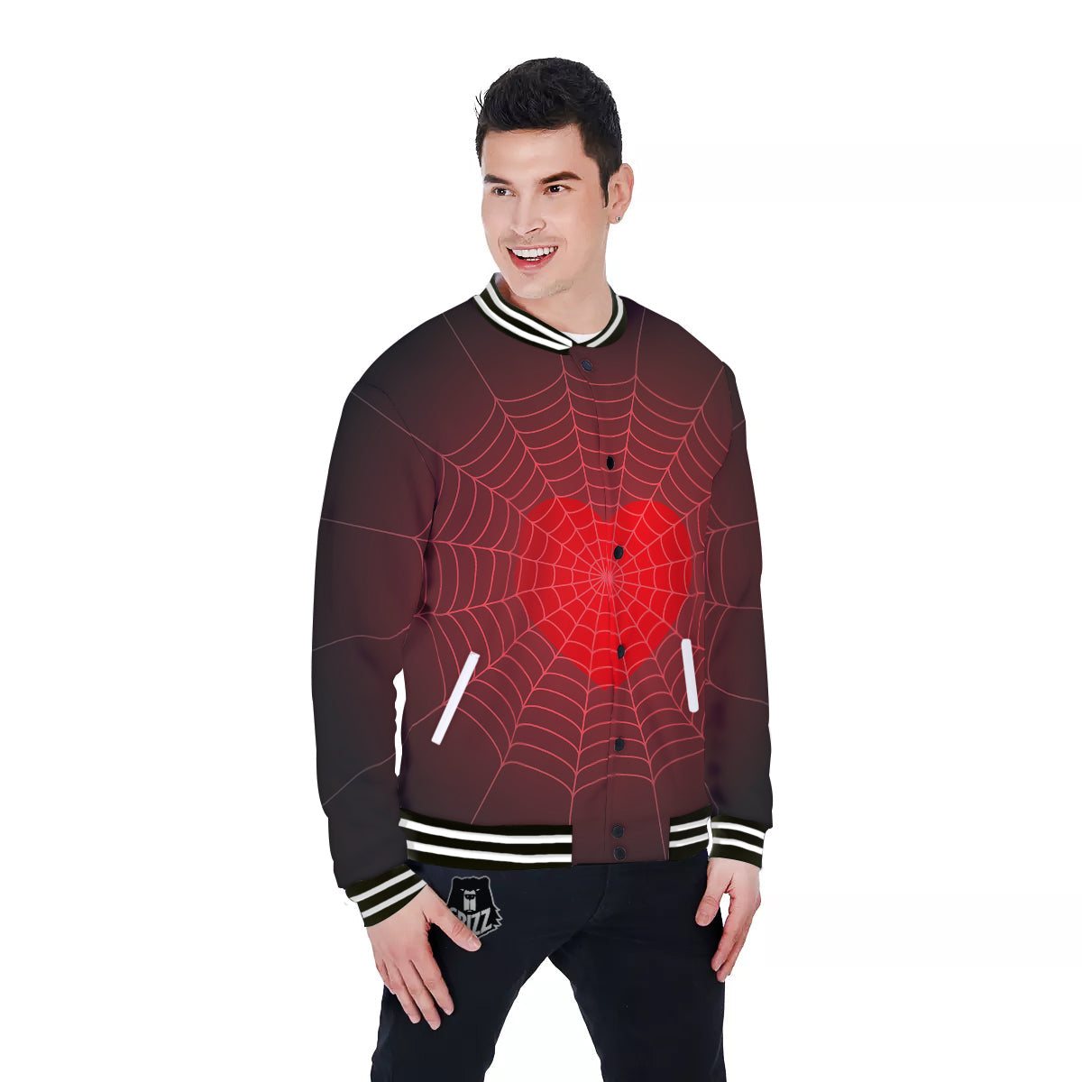 Red Heart Spider Web Print Baseball Jacket-grizzshop