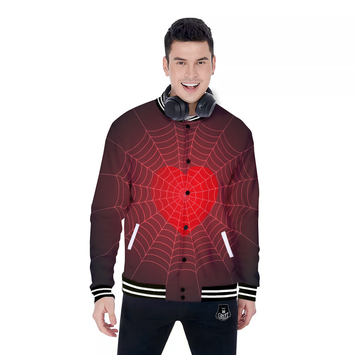 Red Heart Spider Web Print Baseball Jacket-grizzshop