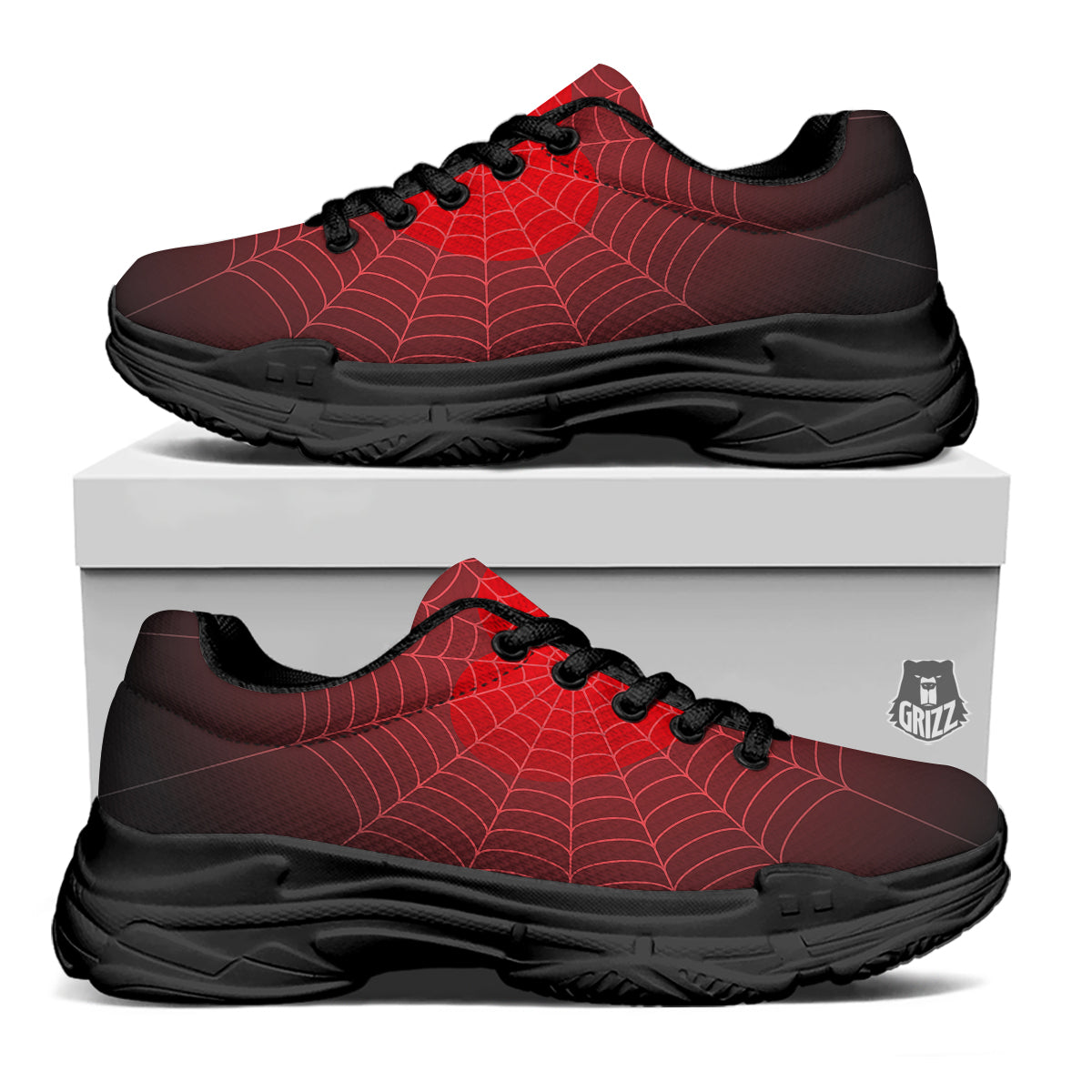Red Heart Spider Web Print Black Chunky Shoes-grizzshop