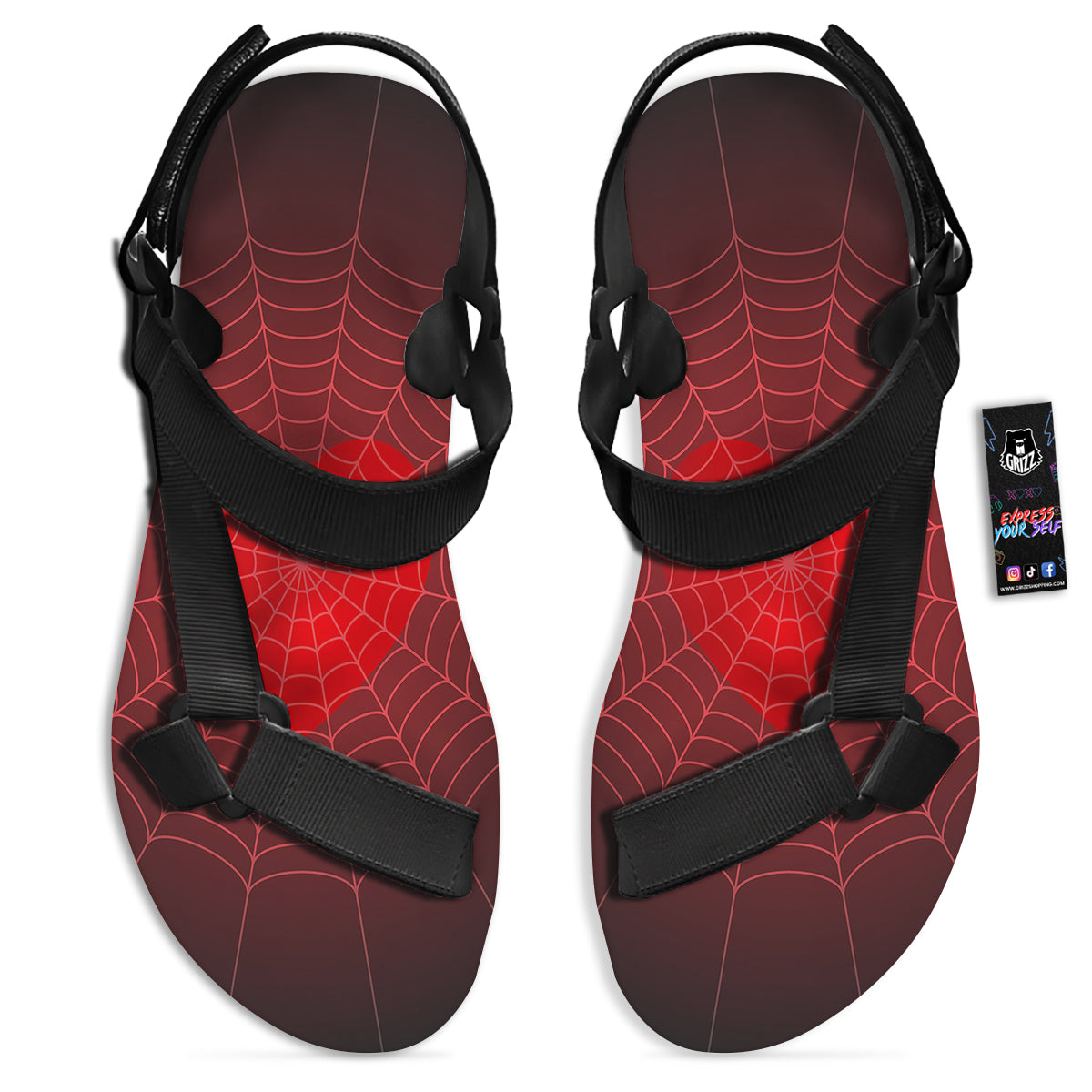 Red Heart Spider Web Print Black Open Toe Sandals-grizzshop