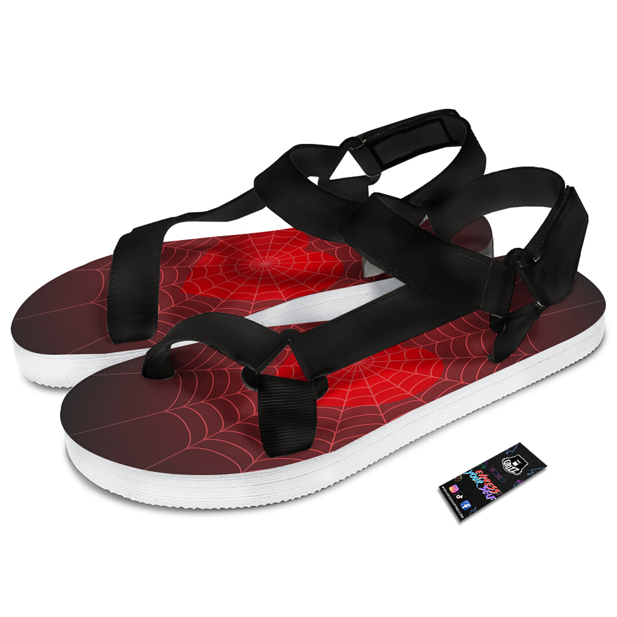Red Heart Spider Web Print Black Open Toe Sandals-grizzshop