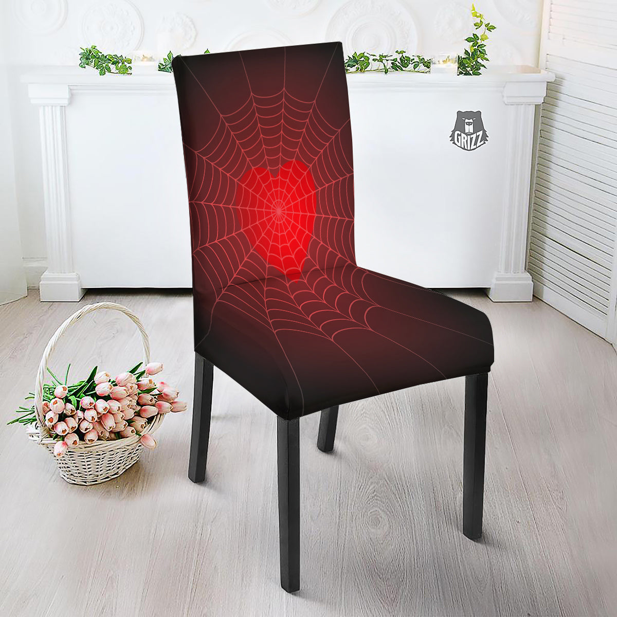 Red Heart Spider Web Print Dining Chair Slipcover-grizzshop