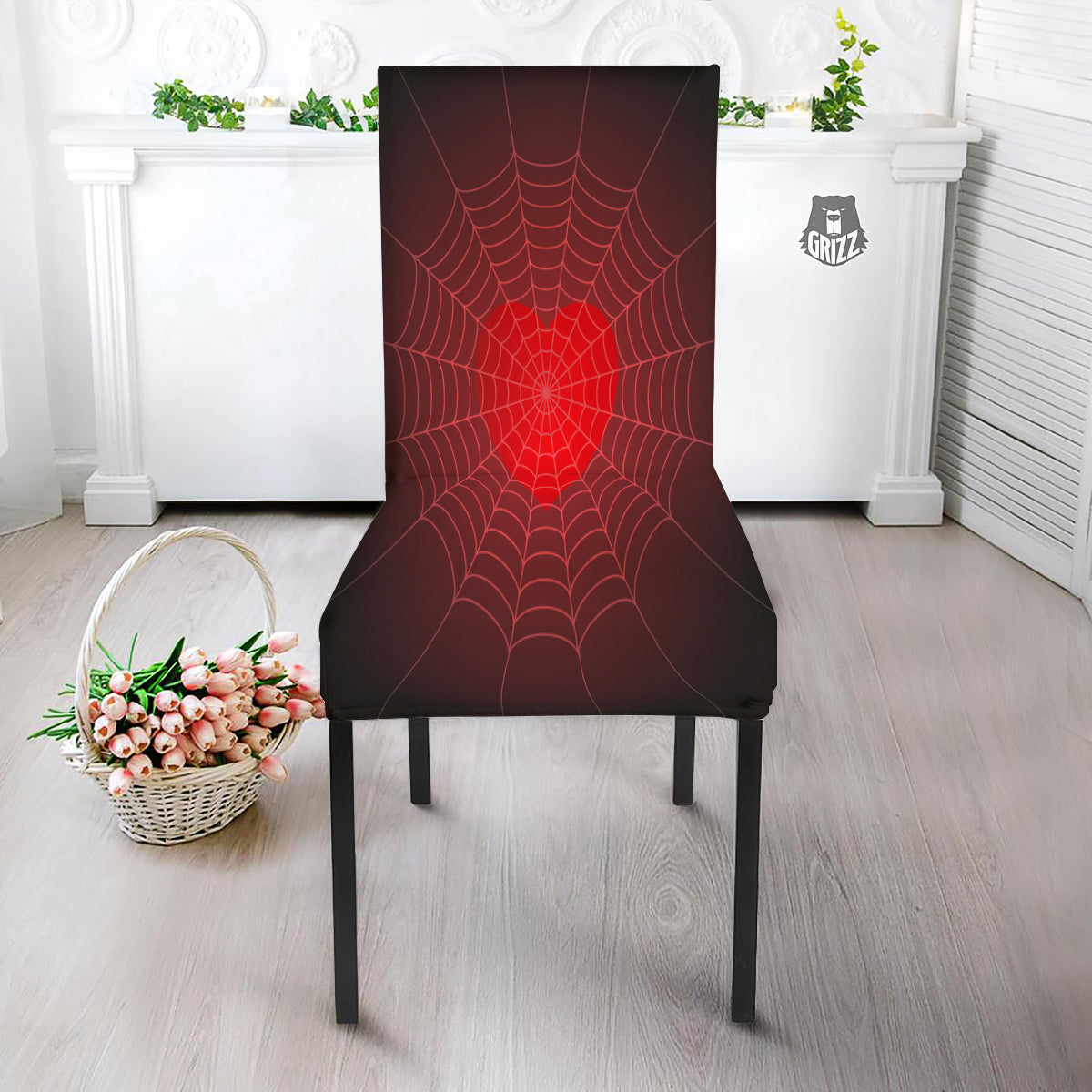 Red Heart Spider Web Print Dining Chair Slipcover-grizzshop
