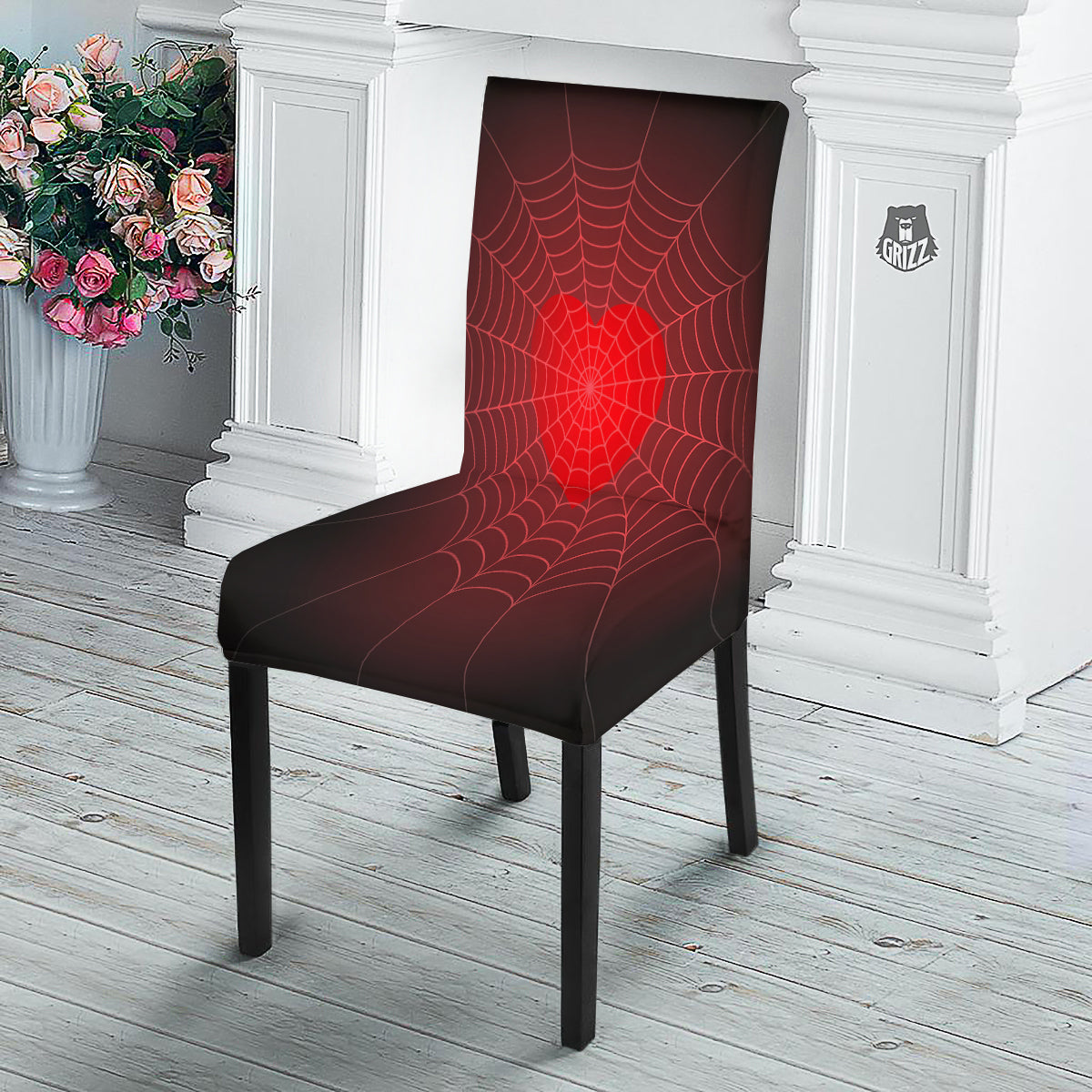 Red Heart Spider Web Print Dining Chair Slipcover-grizzshop