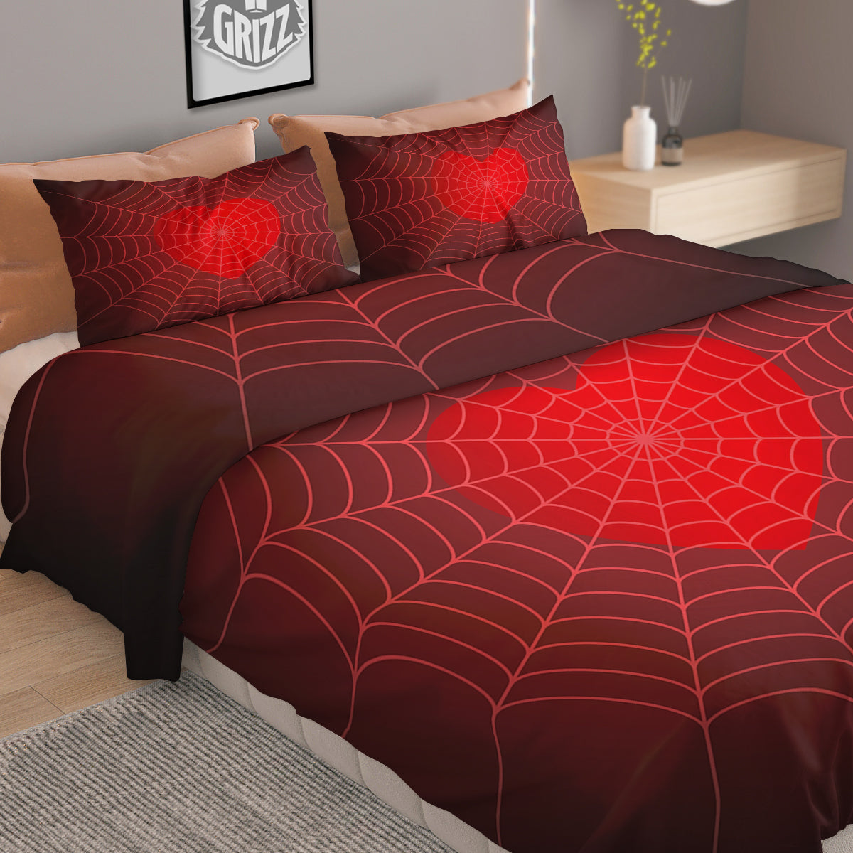 Red Heart Spider Web Print Duvet Cover Bedding Set