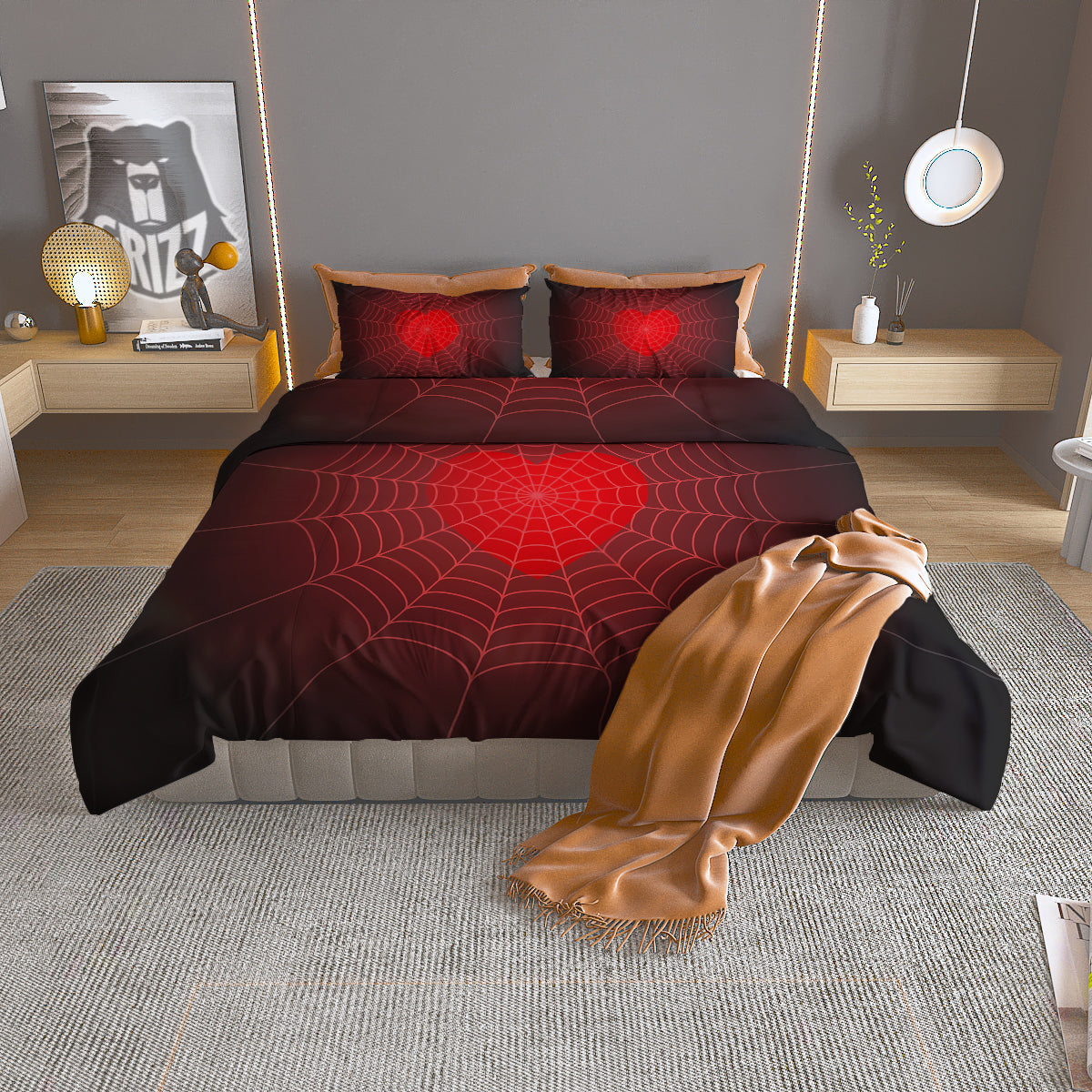 Red Heart Spider Web Print Duvet Cover Bedding Set