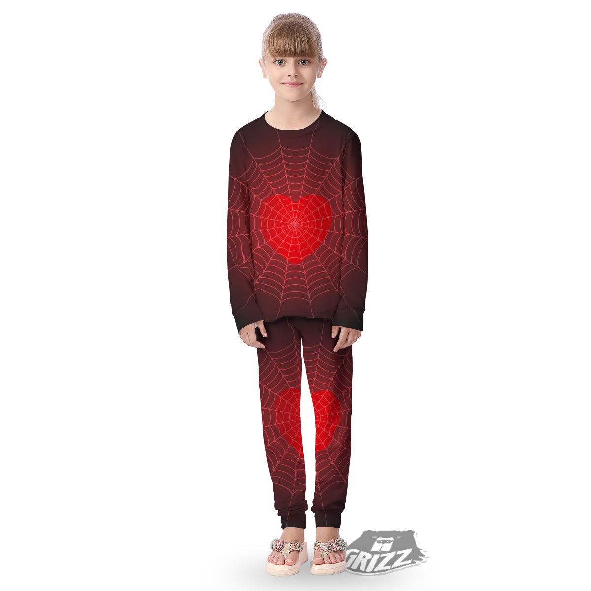 Red Heart Spider Web Print Kid's Pajamas-grizzshop